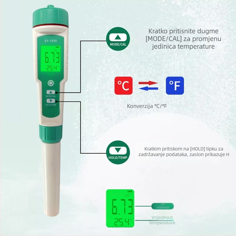 Prijenosni pH mjerač, digitalni zaslon, staklena sonda, raspon mjerenja 0-14 pH, model SY-1030