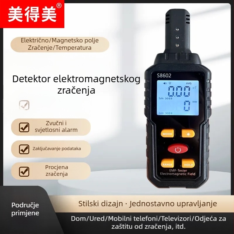 Prijenosni ručni detektor elektromagnetskoga polja s digitalnim zaslonom i litijskom baterijom, za mjerenje visokofrekvencijskih i niskofrekvencijskih električnih i magnetskih polja.