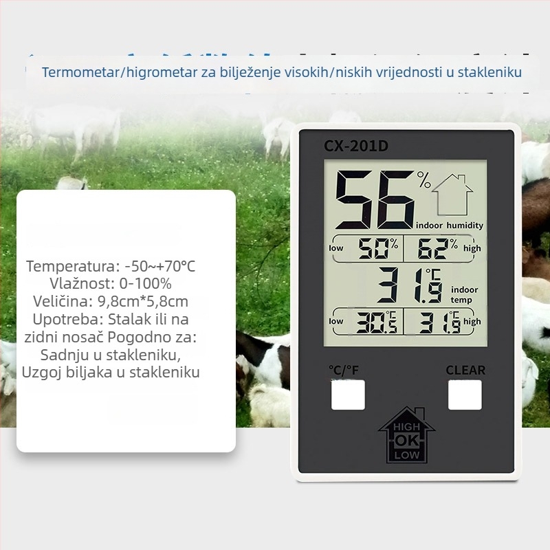 Mjerač temperature i vlage za staklenik s digitalnim prikazom, zapis visoke i niske temperature, model L-260