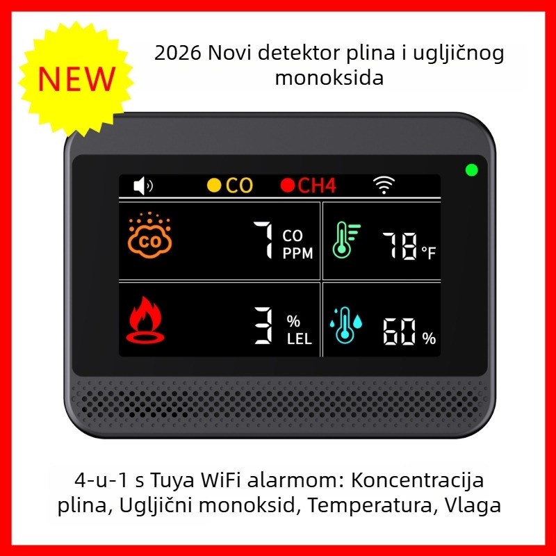 Sanxie A1 4-u-1 gasni alarm i detektor ugljičnog monoksida uz mjerenje temperature i vlage