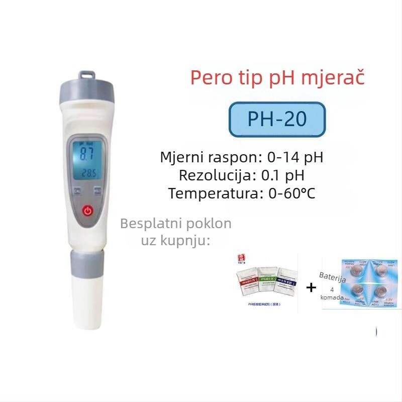 Prijenosni pH mjerač PH-20 s digitalnim zaslonom, ugrađena kompozitna elektroda, točnost ±0,1 pH