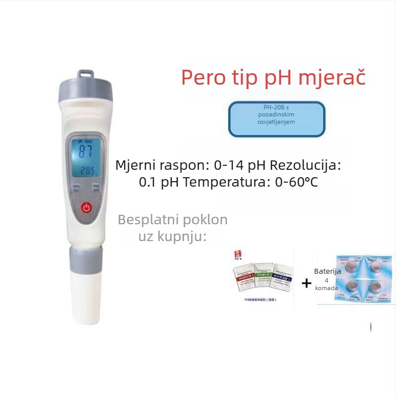 Prijenosni pH mjerač PH-20 s digitalnim zaslonom, ugrađena kompozitna elektroda, točnost ±0,1 pH