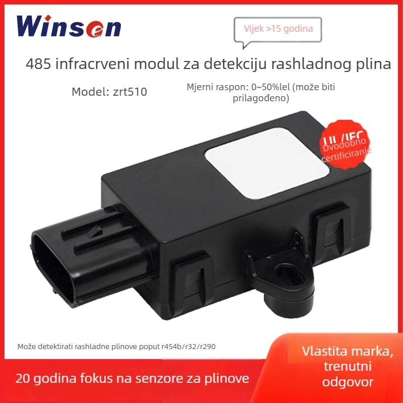 Infracrveni senzor za curenje rashladnog sredstva za klima uređaje — Model ZRT510; Detektibilni plinovi: R454b (moguće R32/R290); Točnost ±2,5% lfl; Izlaz RS485 (UART/PWM opcija); Radna temperatura 80°C.
