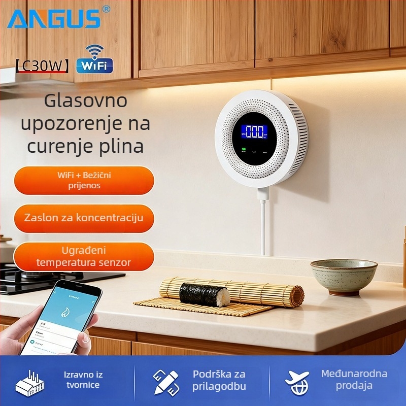 WiFi alarm za CO i plin, 360° detekcija, 5V napajanje, bežični 433MHz, zidni montaža s obavijestima u aplikaciji