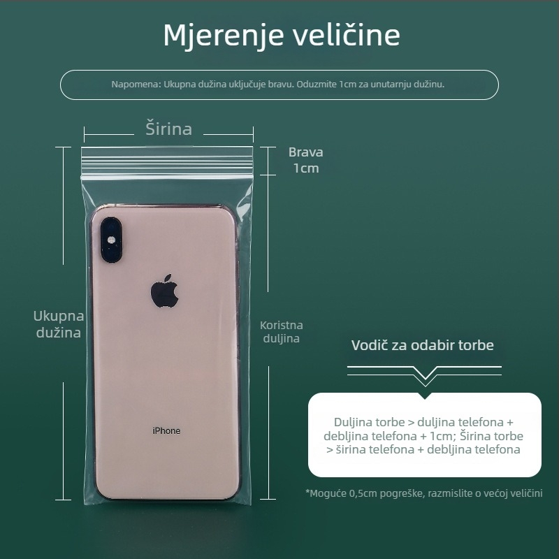 Ziplock vrećice za pakiranje dodataka za mobitel, prozirne, debele, jednokratne, zatvorene; materijal: novi materijal; duljina brtvljenja: 1–1,5 cm; upotreba: pakiranje dodataka za mobitel