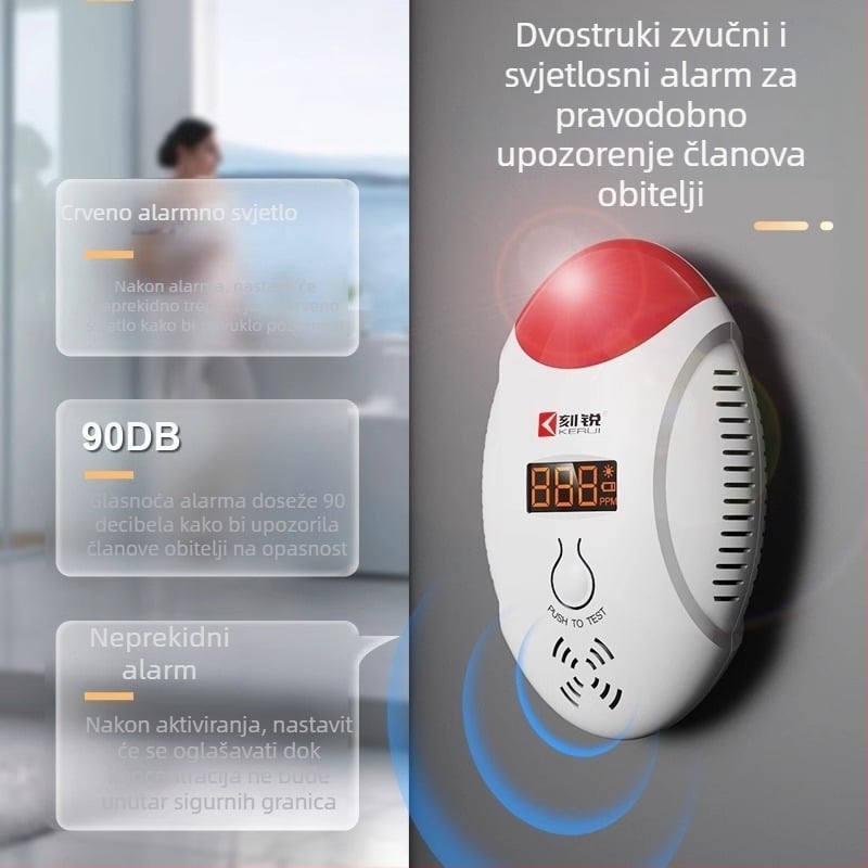 Detektor plina s otkrivanjem ugljičnog monoksida i prikazom koncentracije zraka, alarm s dugim pripravom za sprječavanje curenja plina