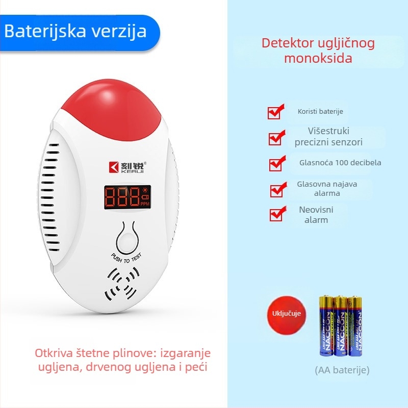 Detektor plina s otkrivanjem ugljičnog monoksida i prikazom koncentracije zraka, alarm s dugim pripravom za sprječavanje curenja plina