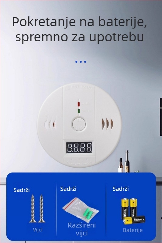 3-u-1 CO, požara i plina detektor s LCD zaslonom – model DY-830; napajanje: baterije 3×9V ili DC12V; 360° detekcija do 5 m; bežični s zvukovno-svjetlosnim alarmom