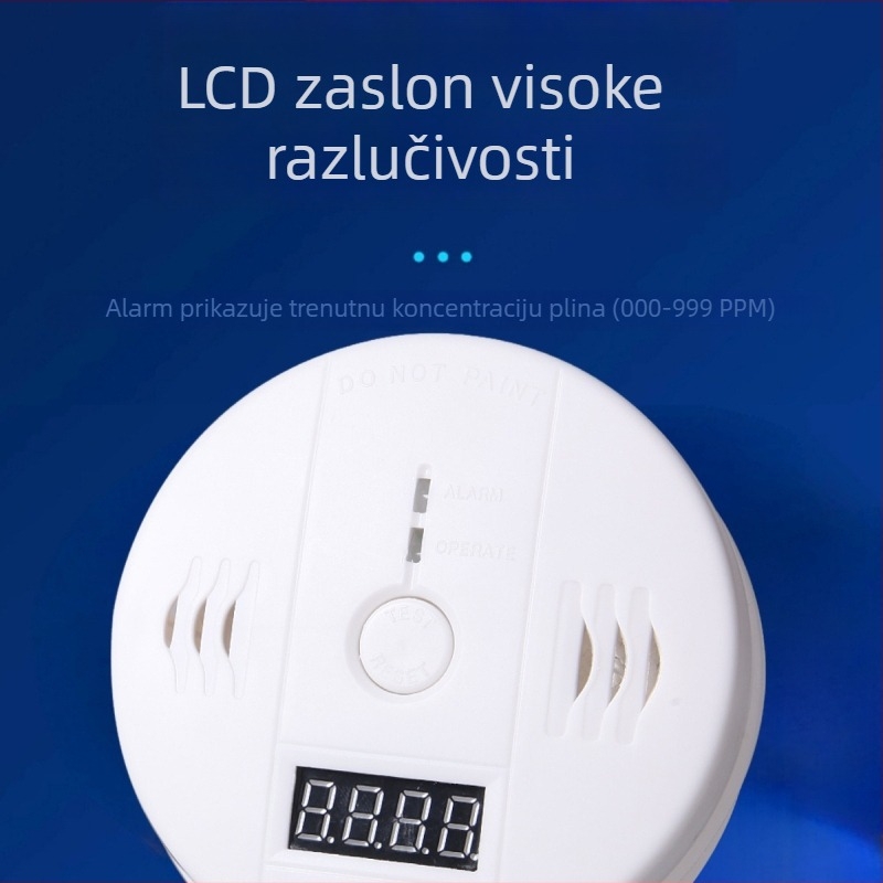 3-u-1 CO, požara i plina detektor s LCD zaslonom – model DY-830; napajanje: baterije 3×9V ili DC12V; 360° detekcija do 5 m; bežični s zvukovno-svjetlosnim alarmom