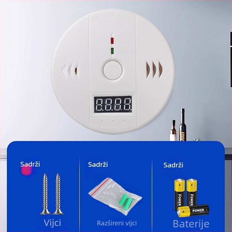 3-u-1 CO, požara i plina detektor s LCD zaslonom – model DY-830; napajanje: baterije 3×9V ili DC12V; 360° detekcija do 5 m; bežični s zvukovno-svjetlosnim alarmom