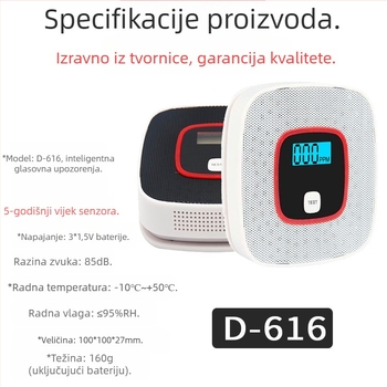Kućni detektor ugljičnog monoksida, bežični CO detektor, model D-616, 180° detekcija, glasovno i svjetlosno upozorenje, zidna montaža