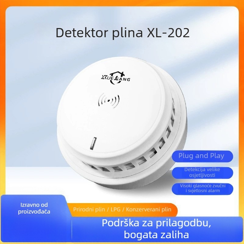 Gasni alarm XL-202 za prirodni plin i LPG, detekcija 360°, ugradnja na strop, žično spajanje, napajanje 12VDC–220VAC, zvučno i svjetlosno upozorenje