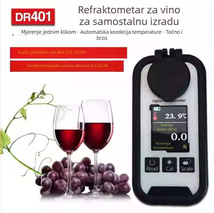 DR401 Digitalni refraktometar s displejem za grožđe – sadržaj šećera i koncentracija alkohola u soku i vinu