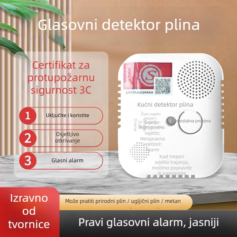 Kućni plinski alarm s otkrivanjem CO/metana, fiksni tip, pokriće 20 m², točnost 8%, 220V