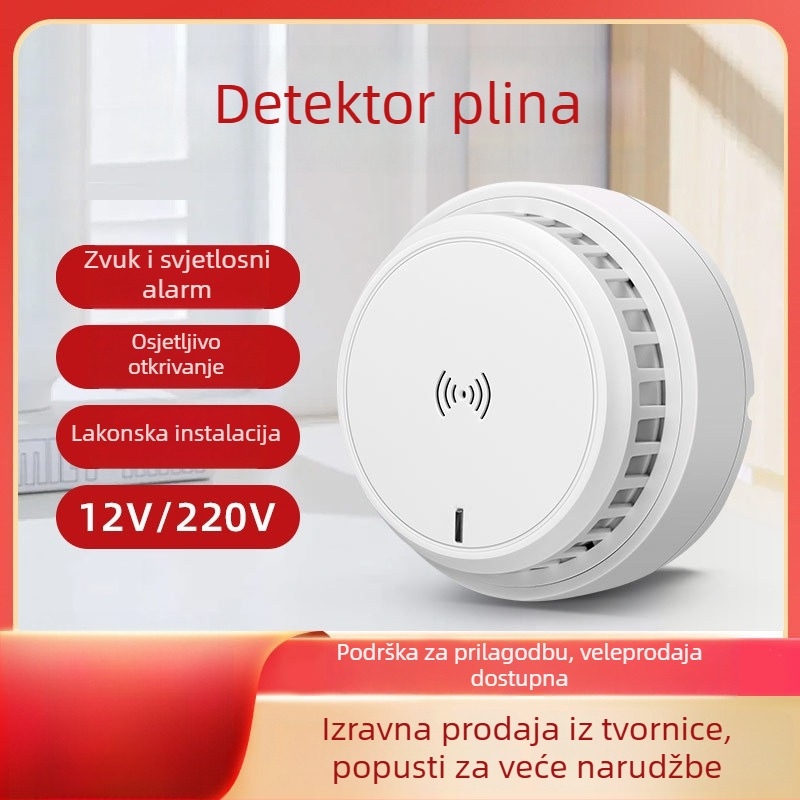 Kućni detektor alarma za plin, montaža na strop, mrežni, 12V, 360° detekcija, domet 20–30 m, zvukovno-svjetlosni alarm, HC-202