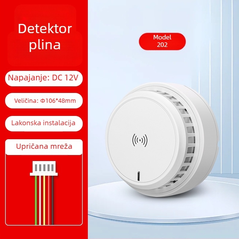Kućni detektor alarma za plin, montaža na strop, mrežni, 12V, 360° detekcija, domet 20–30 m, zvukovno-svjetlosni alarm, HC-202