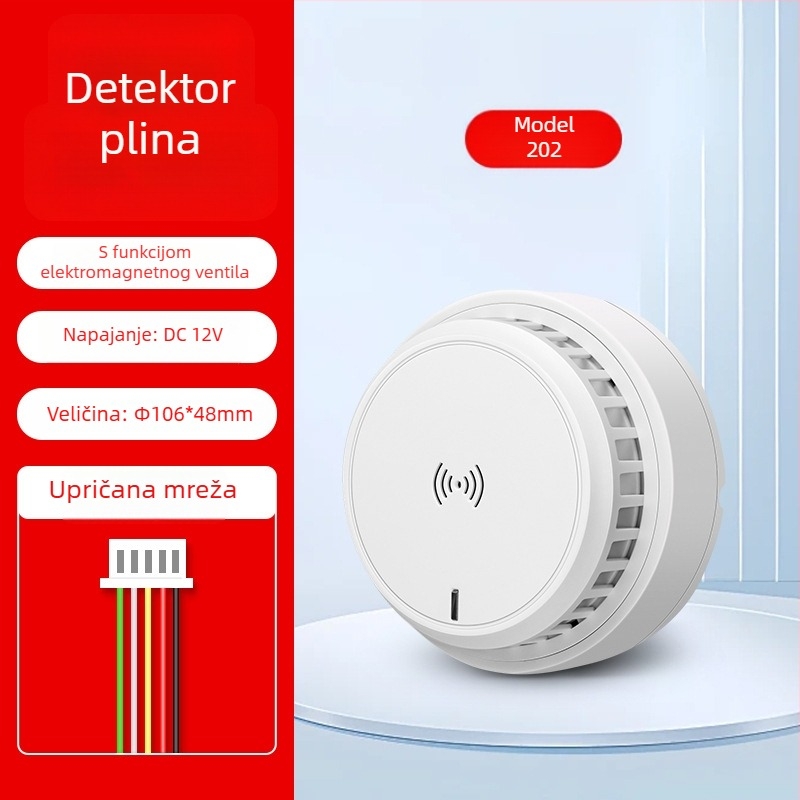 Kućni detektor alarma za plin, montaža na strop, mrežni, 12V, 360° detekcija, domet 20–30 m, zvukovno-svjetlosni alarm, HC-202