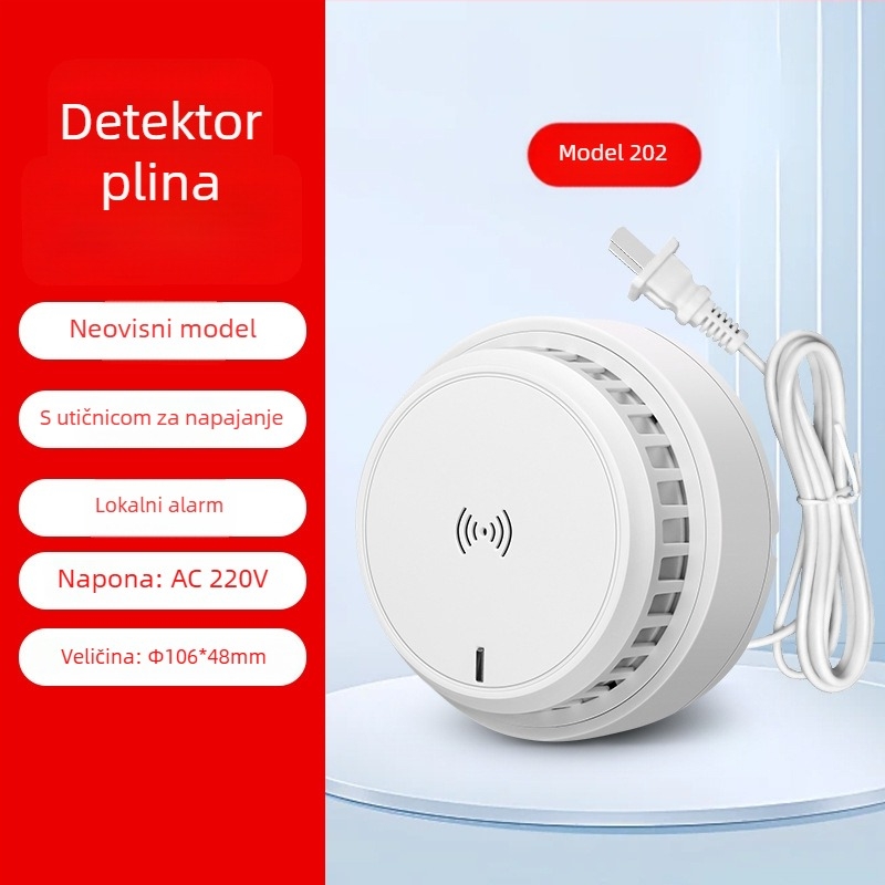 Kućni detektor alarma za plin, montaža na strop, mrežni, 12V, 360° detekcija, domet 20–30 m, zvukovno-svjetlosni alarm, HC-202
