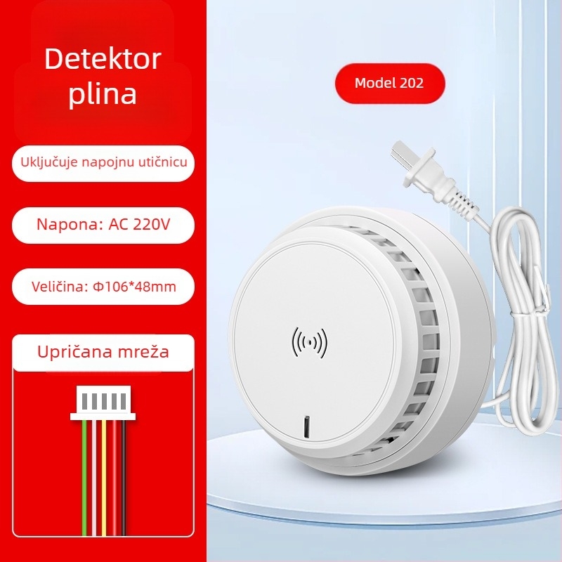 Kućni detektor alarma za plin, montaža na strop, mrežni, 12V, 360° detekcija, domet 20–30 m, zvukovno-svjetlosni alarm, HC-202