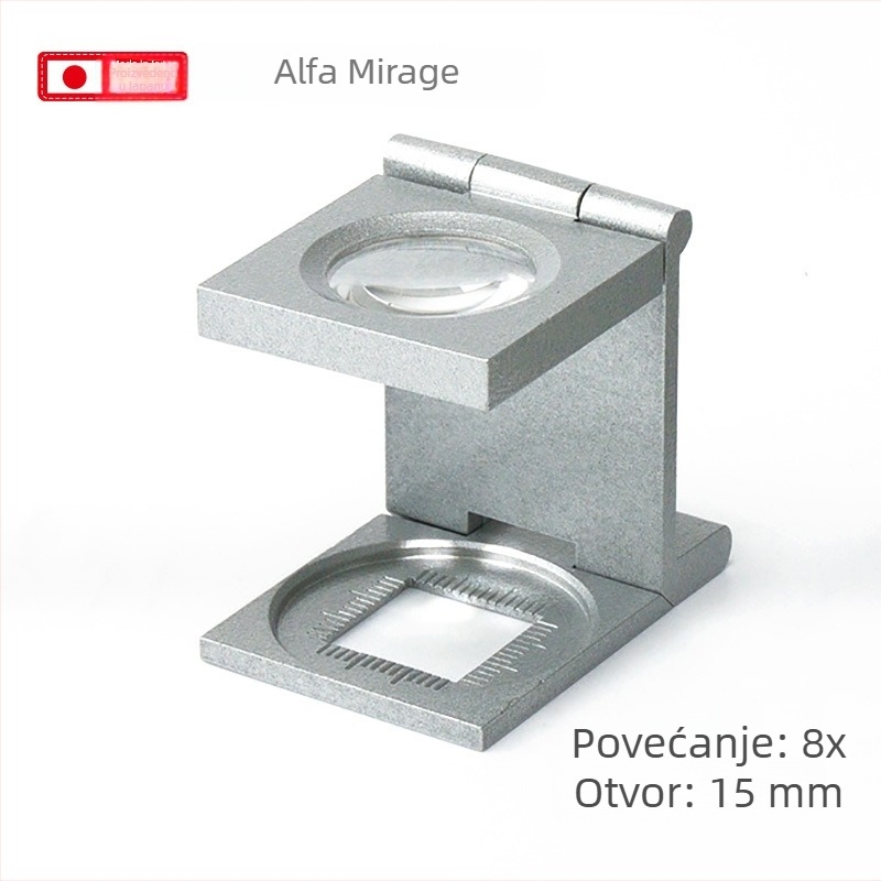 Alfa Mirage Sklopiva lupa s ravnalom, 8× povećanje, Ø15 mm, za identifikaciju nakita i antikviteta, nehrđajući čelik, Model 106-008