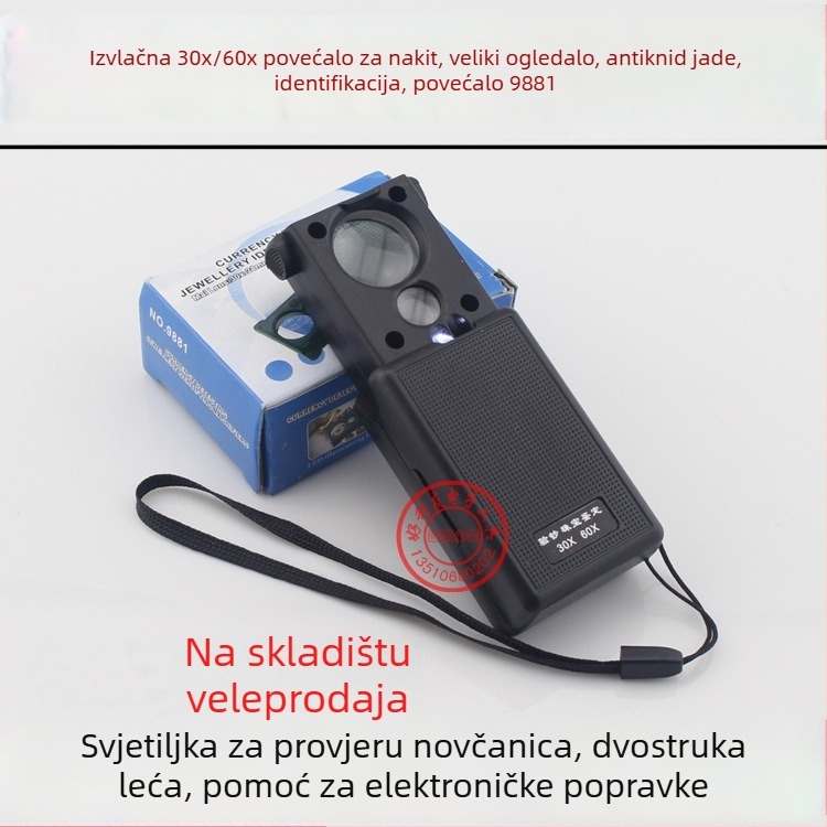 Prijenosna povećala s dvostrukom lećom 30x/60x, izvučna leća za identifikaciju starog nefrita i nakita, učinkovit promjer 12 mm i 21 mm, ABS plastika + optička leća