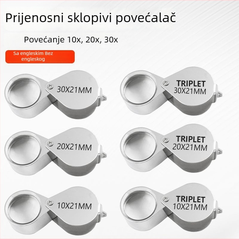 Chuda Lupa za identifikaciju nakita s dvostrukim povećanjem 10x/20x, staklena leća, metalni sklopivi dizajn, prijenosno ručno