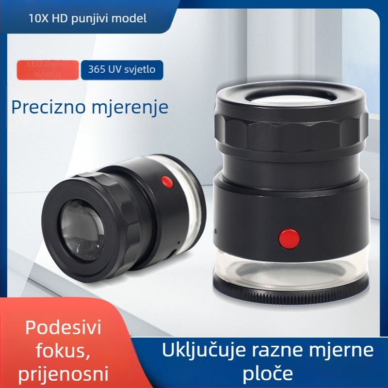 10x HD povećalo s prilagodljivim fokusom, LED ljubičasto svjetlo, ploča za mjerenje s napajanjem za identifikaciju duhana, alkohola i nakita