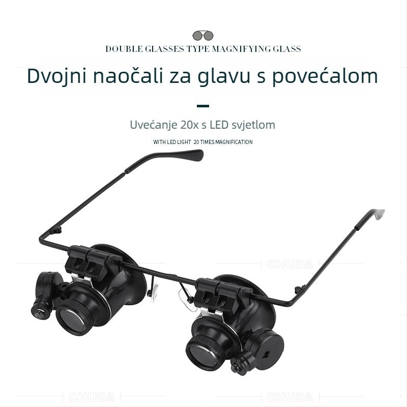 Binokularni povećivač za glavu s LED rasvjetom, 20x, za identifikaciju nakita i inspekciju PCB pločica