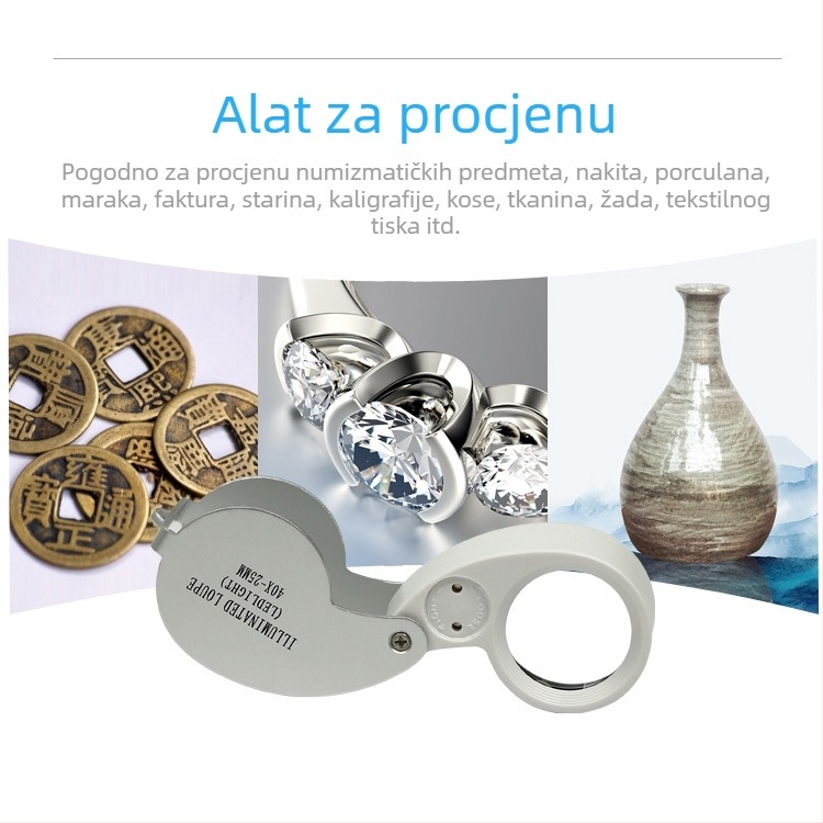 40x lupa od aluminijskog legura sa LED osvjetljenjem, sklopiva za procjenu rukotvorina i nakita, mikroskop 30x/40x