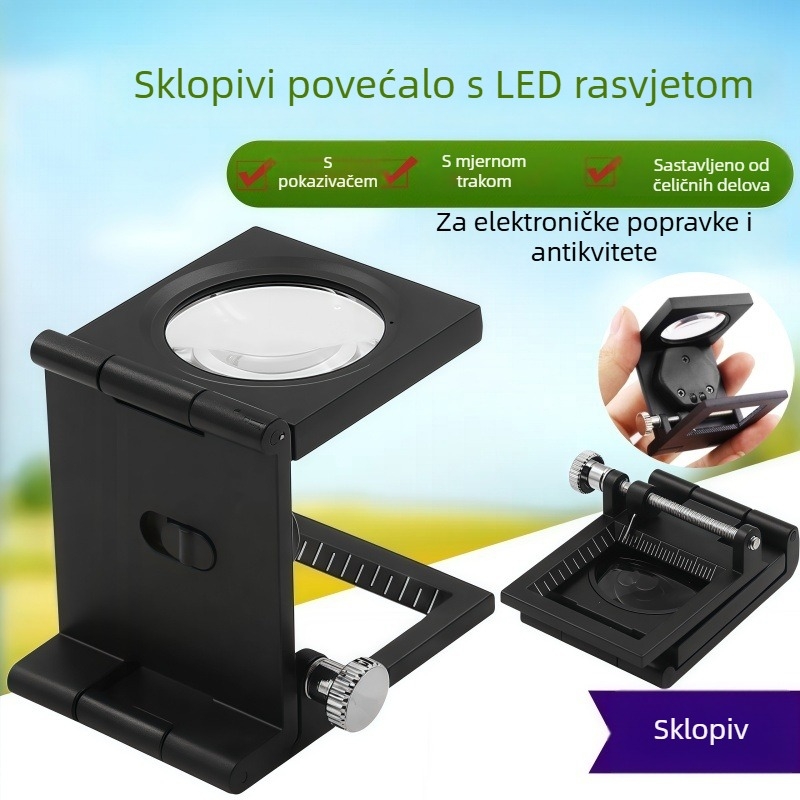 Sklopiva lupa 10x s mjernom skalom, LED osvjetljenjem i pokazivačem