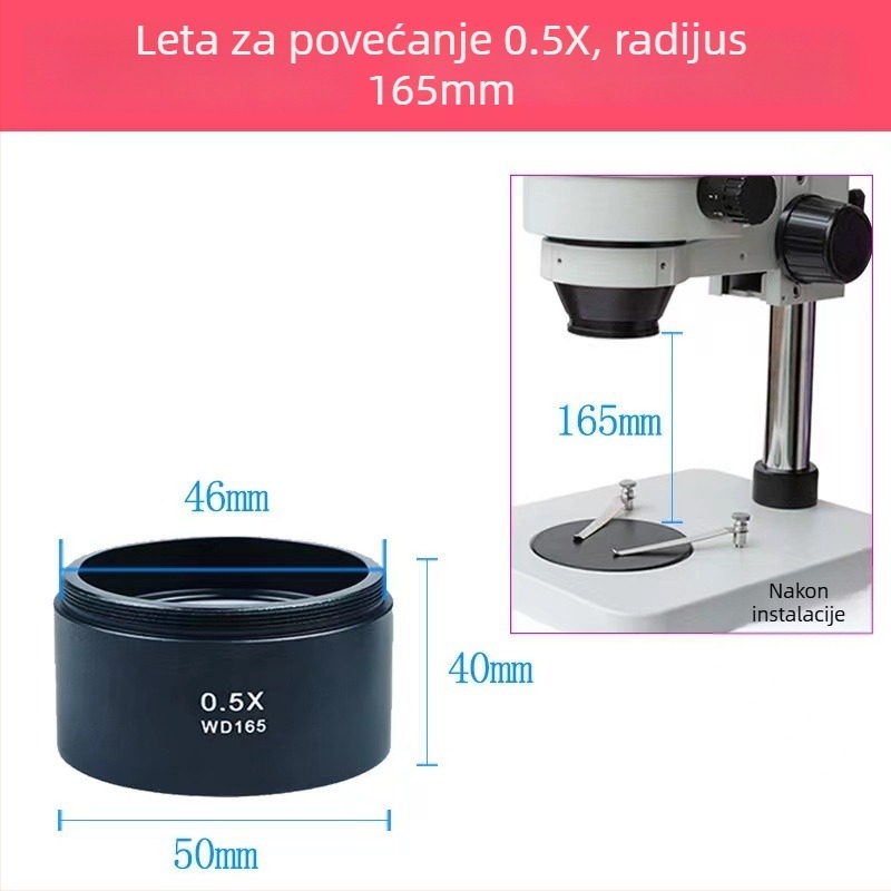 Mikroskopijski pomoćni objektiv, 0.5x–0.7x dvostruko povećanje, adapter prsten, anti-uljni ispar, HD ogledalo