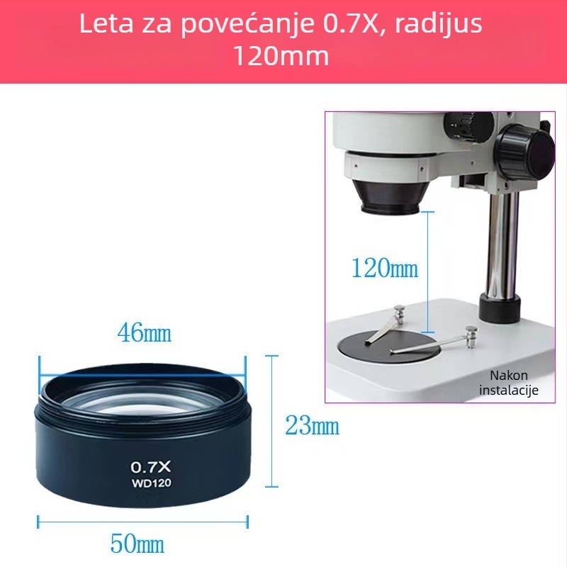 Mikroskopijski pomoćni objektiv, 0.5x–0.7x dvostruko povećanje, adapter prsten, anti-uljni ispar, HD ogledalo