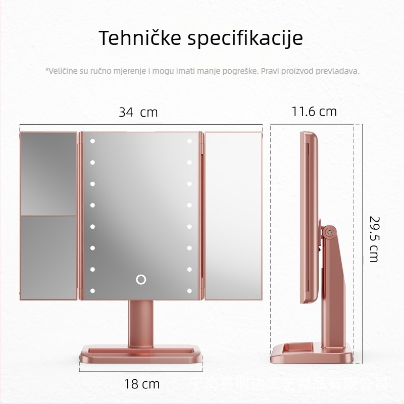 LED trodjelno ogledalo za šminku s pohranom – stolno ogledalo s osvijetljenjem, mogućnost prilagodbe logotipa/materijala
