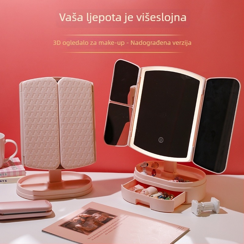 LED ogledalo za šminkanje na stolu, trostrani sklopivi dizajn, dodirni senzor, povećavajuće ogledalo s 180° rotacijom