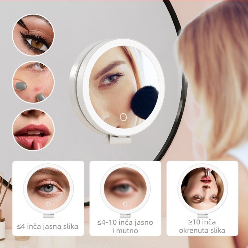 Deshimei LED kozmetičko ogledalo s usisnom čašicom i povećalom, ABS okvir, aluminijska leća, 1000 mAh baterija