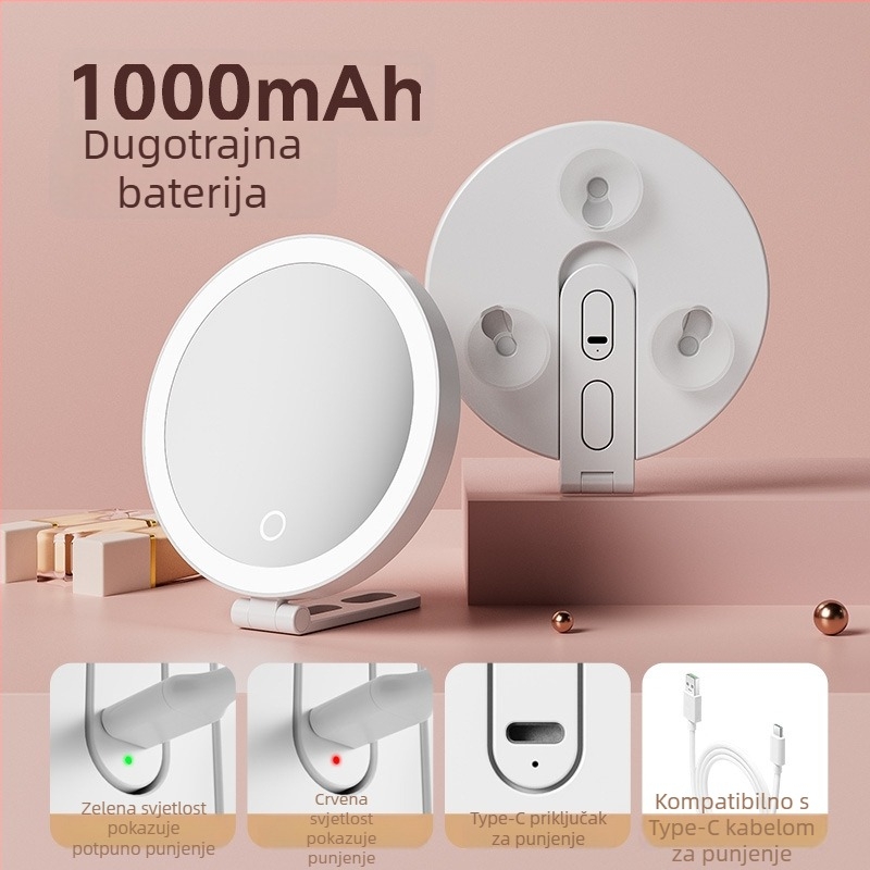 Deshimei LED kozmetičko ogledalo s usisnom čašicom i povećalom, ABS okvir, aluminijska leća, 1000 mAh baterija