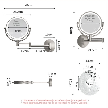 Ogledalo za šminkanje u kupaonici - sklapanje, teleskop, zidno uz lampom, 10X povećanje; metalni okvir, aluminijsko ogledalo; prilagodba dostupna; privatna oznaka licencirana; ispis logotipa