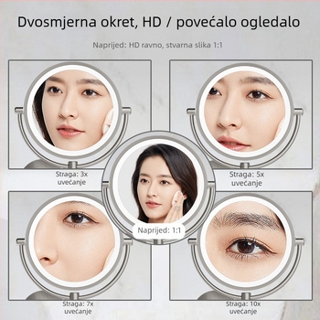 Ogledalo za šminkanje u kupaonici - sklapanje, teleskop, zidno uz lampom, 10X povećanje; metalni okvir, aluminijsko ogledalo; prilagodba dostupna; privatna oznaka licencirana; ispis logotipa