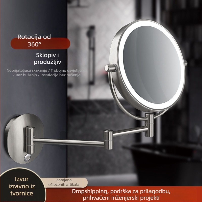 Ogledalo za šminkanje u kupaonici - sklapanje, teleskop, zidno uz lampom, 10X povećanje; metalni okvir, aluminijsko ogledalo; prilagodba dostupna; privatna oznaka licencirana; ispis logotipa