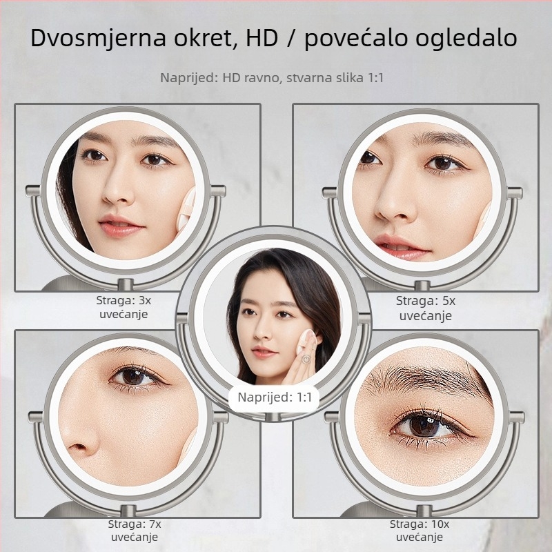 Ogledalo za šminkanje u kupaonici - sklapanje, teleskop, zidno uz lampom, 10X povećanje; metalni okvir, aluminijsko ogledalo; prilagodba dostupna; privatna oznaka licencirana; ispis logotipa
