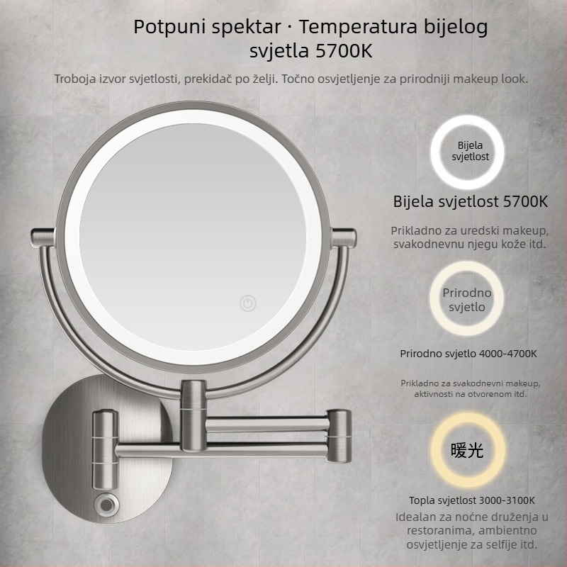 Ogledalo za šminkanje u kupaonici - sklapanje, teleskop, zidno uz lampom, 10X povećanje; metalni okvir, aluminijsko ogledalo; prilagodba dostupna; privatna oznaka licencirana; ispis logotipa