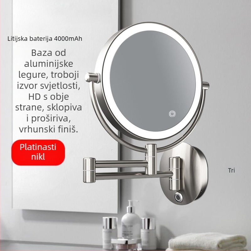 Ogledalo za šminkanje u kupaonici - sklapanje, teleskop, zidno uz lampom, 10X povećanje; metalni okvir, aluminijsko ogledalo; prilagodba dostupna; privatna oznaka licencirana; ispis logotipa