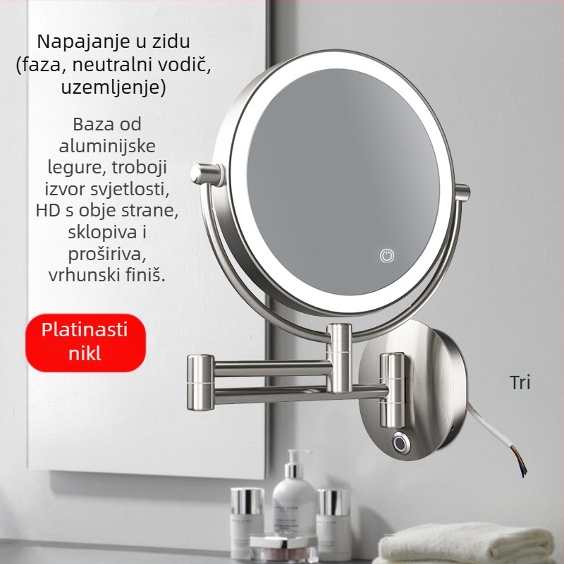 Ogledalo za šminkanje u kupaonici - sklapanje, teleskop, zidno uz lampom, 10X povećanje; metalni okvir, aluminijsko ogledalo; prilagodba dostupna; privatna oznaka licencirana; ispis logotipa