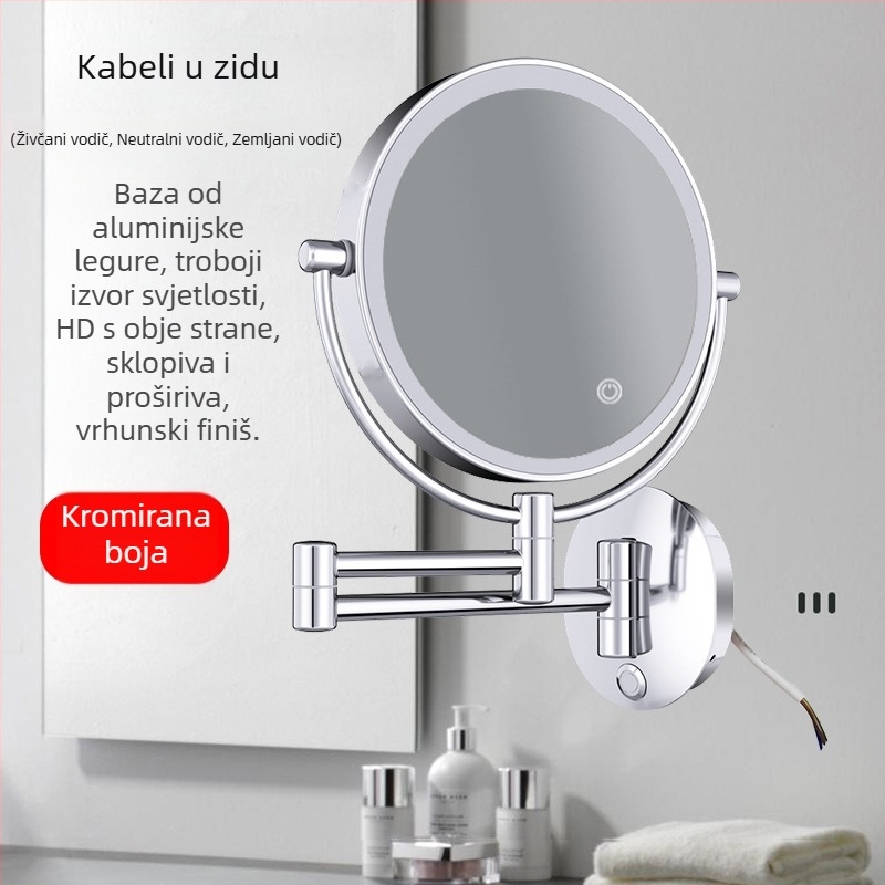 Ogledalo za šminkanje u kupaonici - sklapanje, teleskop, zidno uz lampom, 10X povećanje; metalni okvir, aluminijsko ogledalo; prilagodba dostupna; privatna oznaka licencirana; ispis logotipa