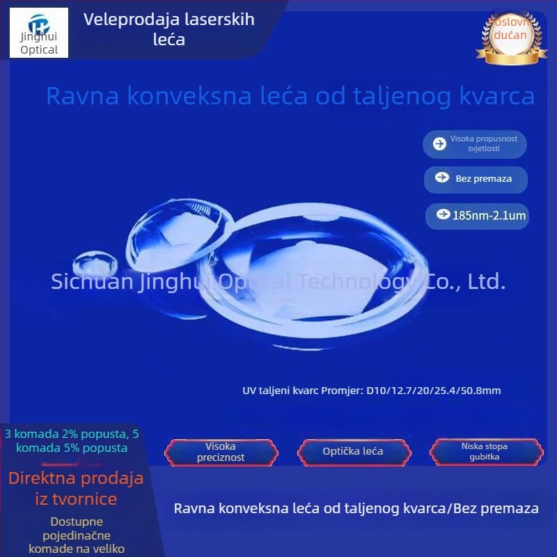 UV fuzirana kvarcna plano-konveksna leća, bez premaza, optička fokusirajuća leća, promjer 25,4 mm, žarišna duljina 50,8 mm