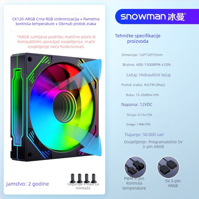 Snowman EK120-ARGB ventilator kućišta uz ARGB sinkronizaciju, hidravlički ležaj, 12V, 800–1600 RPM, 15–20 dBA