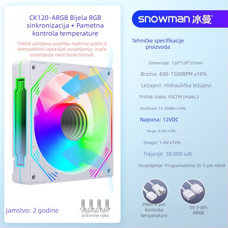 Snowman EK120-ARGB ventilator kućišta uz ARGB sinkronizaciju, hidravlički ležaj, 12V, 800–1600 RPM, 15–20 dBA