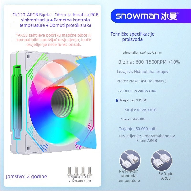 Snowman EK120-ARGB ventilator kućišta uz ARGB sinkronizaciju, hidravlički ležaj, 12V, 800–1600 RPM, 15–20 dBA