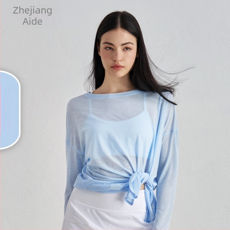 Ženski joga top za pokrivanje s dugim rukavima, slobodan kroj, slub pređa, 100% poliester, s prorezom na donjem rubu