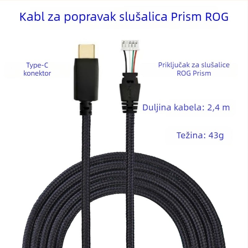 Zamjenski audio kabel za ROG Prism Elite slušalice; pozlaćeni, jezgra od čistog bakra, OFC vodiči, ROHS certificirano, 43 g